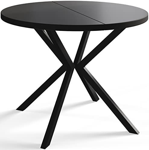 AlpiMeble Runder Esszimmertisch LOFT LITEN, ausziehbarer Tisch Durchmesser: 90 cm/170 cm, Wohnzimmertisch Farbe: Schwarz, mit Metallbeinen in Farbe Schwarz
