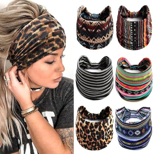 6 Stück Stirnband Mehrfarbig Damen Breite Elastische, Schweißabsorption Boho Haarbänder Leopard Print Haarschmuck, Rutschfeste Yoga Sport Haarband, Haarbänder Haarschmuck für Frauen (Leopardenmuster)