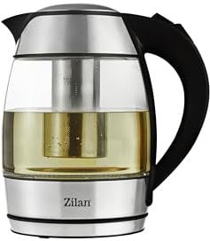 Zilan Bouilloire en verre avec filtre, lumière LED bleue, capacité de 1,8 litre, base rotative à 360°, protection contre l'ébullition à sec, 2200 Watt, Gris