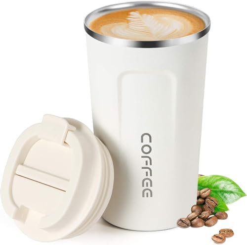 ERBO Travel Mug, 510ml Insulated & Leakproof, Stainless Steel Car Coffee Cup (White) for Hot & Cold Drinks