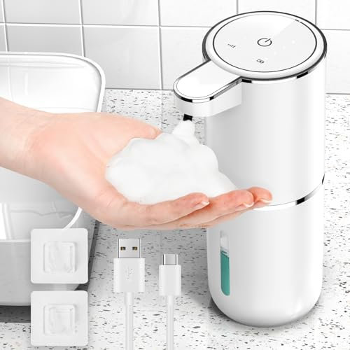 HAPPHOOH Dispensador Jabón Baño, 380ML Dispensador Jabon Cocina, 4 Niveles Ajustables Dispensador de Jabón Automático Suspensión, Recargable por USB, Resistente al Agua IPX5, para Cocina, Baño