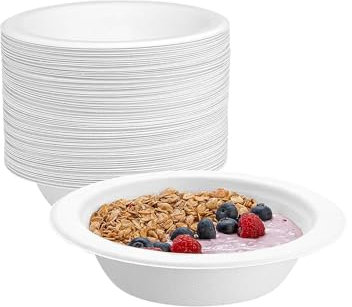 Hniuyun 50 Pack Disposable Compostable Bowls, Heavy-Duty Eco-Friendly Biodegradable Sugarcane Bowls for Soup, Salad, Milk, Dessert, Pasta (480ML-White)