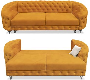 SILKMARKS® Chesterfield Sofa mit Schlaffunktion - 3-Sitzer Sofa - Premium Komfort - Wasserabweisender und kratzfester Samt - Couch mit extra Stauraum - Elegantes Design (Kaki)