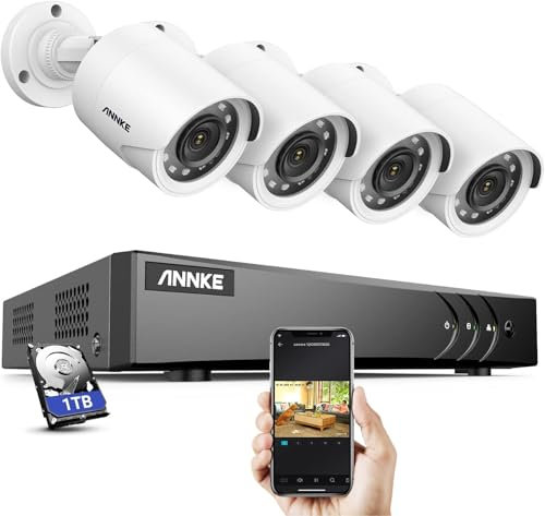 ANNKE 3K Lite 8CH DVR mit Personenerkennung und Fahrzeugerkennung, 2MP Überwachungskamera Aussen Set und 4X 1080p Kamera für 24/7 Aufnahme Innen Outdoor, IP66 (mit 1TB Festplattenlaufwerk)