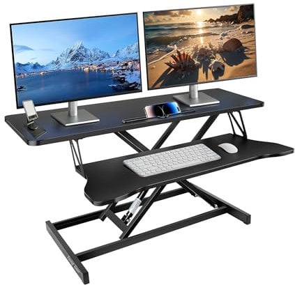 Yaong Gauo Standing Desk Converter 80x40cm Height Adjustable Sit Stand Computer Workstation Riser for Dual Monitor/Laptop Screen Load up to 15kg with Detachable Keyboard Tray and Phone Stand Holder