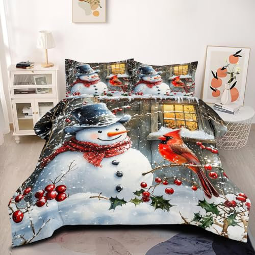 CCoutueChen Schneemann-Bettwäsche-Set für Queen-Size-Bett, rotes Weihnachtsvogel-Bettwäsche-Set für Kinder, Mädchen, Schneeflocke, Urlaubsdekoration, 3-teilig, weich, warmes Bettwäsche-Set mit 2