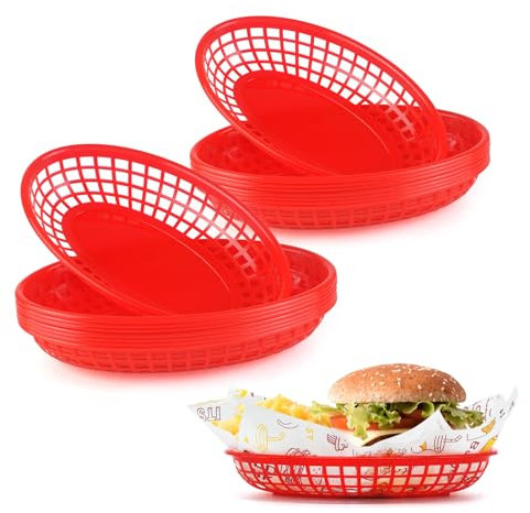 JJWNMLL 16Pcs Food baskets, reusable plastic oval red fruit basket,cinema snack tray,fries,sweets,crisps,party,picnics,BBQ,summer garden party festival