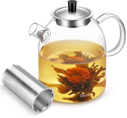 Dorsaer 1500ml Large Glass Teapot with Infuser and Lid - Borosilicate Stovetop Safe Tea Pot with Strainer for Loose Leaf, Herbal Teas, Dishwasher Safe Infusion Kettle for Gas Hob, 4-6 Cups Tea Maker