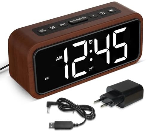 Wecker Laut für Tiefschläfer, Wecker Holz mit LED Anzeige, 12 Alarm-Klingeltöne, 5 Helligkeit Einstellbar, 5 Lautstärken, Manuelles DST, Braun Wecker Retro für Schlafzimmer