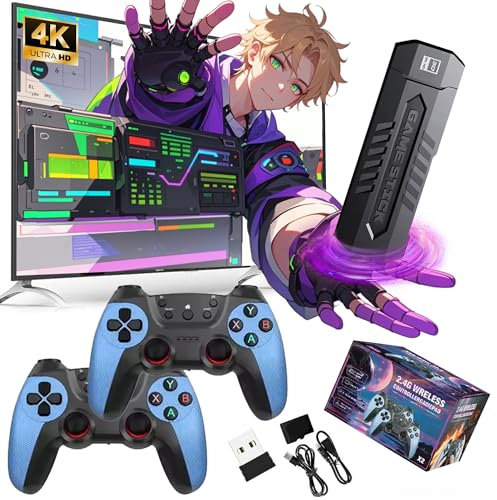 X2 Blue Retro Spiel Stick X2 Retro Video Game Console Eingebaute Spiele,Unterstützt 30/40/50+ Emulatoren,HDMI,mit 2 Wireless Controller,Plug & Play,Zuhause,TV/Computer,Geschenk für Männer Mann (64G)