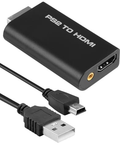 PS2 vers HDMI Adaptateur, PS2 vers HDMI Convertisseur avec 3,5 mm Sortie Audio et Câble HDMI de 50cm, Compatible avec Moniteur HDTV HDMI, 480i/480P/576i Modes D'affichage PS2