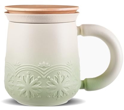ZENS Tea Infuser Mug with Lid, 330ml Tea Cup for Loose Leaf Tea, Green | Embossed Ceramic Tea Strainers for Loose Tea Diffusers, Wood Handle Mug for Heabal Tea Lovers Gifts