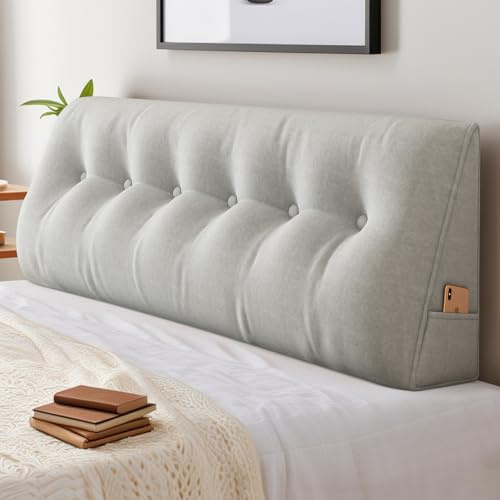 ShowyLive Rückenkissen Lesekissen Bett Keilkissen Großes für Bett und Sofa 2 in 1, Rückenlehne und Kopfkissen mit Seitenfach, Bezug Abnehmbarem und Waschbarem (150 * 50 * 20cm, Hellgrau)