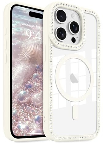 LCHULLE Magnetic Clear Glitter Phone Case for iPhone 14 Pro Max, White | Compatible with MagSafe, Bling Sparkly Diamond Rhinestone Cute Design for Women Girls, Hard PC Back Cover Soft TPU Bumper