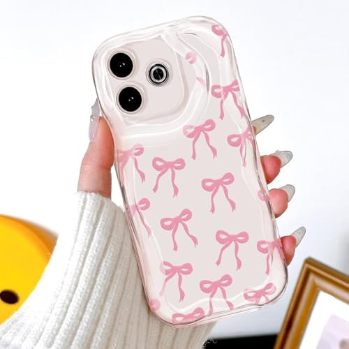 BEENTRYS Schleife Handyhülle für Xiaomi Redmi 13 4G / 5G / Poco M6 4G Hülle,Niedliche Wellen Lockige Form Handy Bow Case Aesthetic Frauen Mädchen Weiche Transparente TPU Stoßfest Schutzhülle-Rosa
