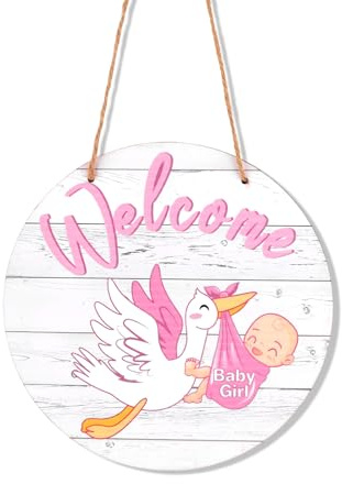 Baby Willkommensschild, Holzkranz zum Aufhängen zur Geschlechtsenthüllung Neugeborenen-Ankündigungstafel Rustikal Bauernhaus-Kinderzimmerdekor für Babyparty Haustürdekoration (Mädchen, Rosa)