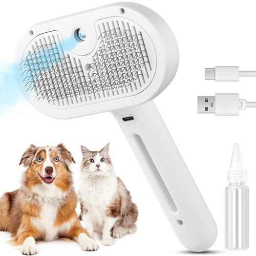 Aohcae Katzenbürste mit Dampf, Multifunktionale Cat Brush, Wiederaufladbare Dampfbürste Katze und Hund, Ein-Klick Saubere Katzen Pflegebürste zum Entfernen von Losen Haaren und Schmutz (Weiß)