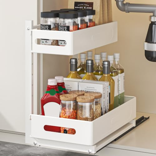 YunNasi Küchenschrank Organizer 2 Etagen Metall Weiß Höhenverstellbar | Spülschrank Organizer mit 4 Haken für Kitchen Bad, Unter Waschbecken Regal, Küchenregal, Metal Gewürzregal Stehend