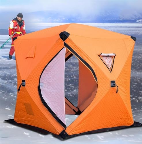 SAYEYBU Pop-Up Eisfischer Zelt, Tragbares Zelt im Hub Design Für 3 Bis 4 Personen, Wasserdichtes Oxford Gewebe, Inklusive Heringe, Seile und Tragetasche,orange