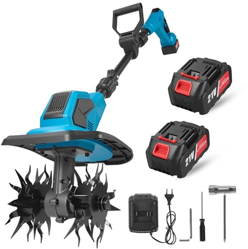 Motoculteur électrique sans Fil, 360 TR/Min, Batterie 21 V avec 2 x 4.0AH Batteries, Travail de 17 cm x 23 cm, Manche réglable, idéal pour la pelouse, Le Jardin et Le Travail du Sol