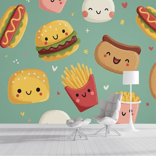 ZISTRCBAO Hamburgers Frites Panorama Tapete 150x105cm, Nourriture De Dessin Animé Tapeten Wandtapete, Wandtapete Wandbilder Für Wohnzimmer Kinderzimmer TV Hintergrund