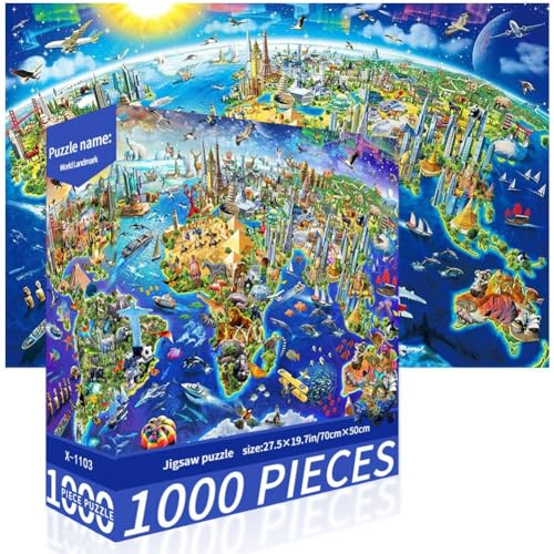 World Landmarks Jigsaw Puzzle,Global Map Puzzle for Adults,1000 PcsJigsaw Puzzles,Educational Games Brain Challenge Puzzles for Teens for Party Family Fun Birthday Gifts