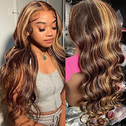 Perruque à Dentelle Avant Cheveux Humain Vrai Highlight 13X4 Ombre 20 Pouce | 50CM Blond Miel P4/27 Ondulée 200% Densité Sans Colle Pré-épilée avec Cheveux de Bébé Transparente pour Femmes