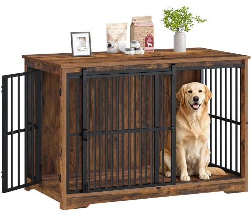 Hzuaneri Hundekäfig Möbel, 119 cm Hundebox Möbel, 2 Türen, Vintage Braun | XXL Moderne Hundekäfig Indoor für Mittlere/Große Hunde, Beistelltisch, Verstärkte Schiebetür, 119 × 70 × 88 cm, DFC94401B