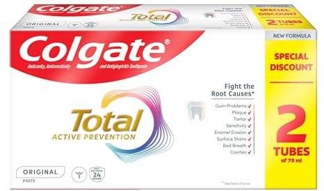 Colgate Total Active Prevention Original Toothpaste 75ml (2-Pack) | Mint Flavoured Toothpaste with 24-Hour Bacterial Defence* and Antibacterial Technology