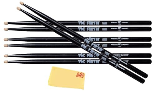 Vic Firth American Classic Series Drumsticks - 5AB - American Hickory - Wood Tip - Black - 4 x Pair Value Pack, P5AB3-5AB1