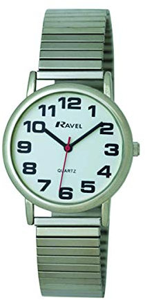 Ravel - Unisex-Uhr mit Edelstahl-Expanderarmband mit großen Zahlen und Zeigern - Analoges Quarzwerk - R0208.02.1S - Silbernes Ton/Weißes Zifferblatt