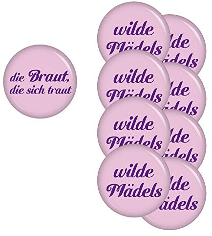 Button Set die Braut, die sich traut/wilde Mädels für JGA Junggesellenabschied Junggesellinnenabschied Zubehör Anhänger Anstecker Broschebutton Accessoires (SET 1: 9 Buttons, 9x 37mm)