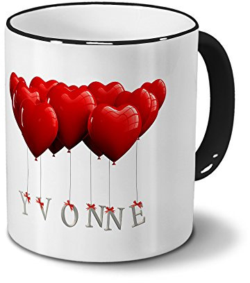 printplanet Tasse mit Namen Yvonne - Motiv Herzballons - Namenstasse, Kaffeebecher, Mug, Becher, Kaffeetasse - Farbe Schwarz