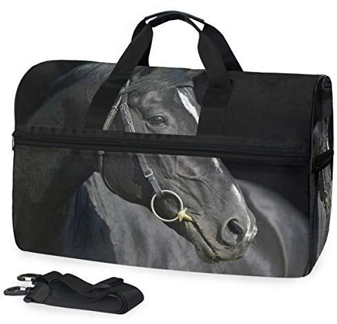 FANTAZIO Sporttasche mit Kette Schwarz Pferd Sporttasche Reisetasche Reisetasche mit verstellbarem Riemen