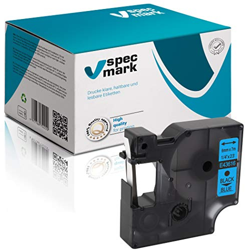 specmark Schriftband D1 43616 6 mm x 7 m 1 Stück Schwarz auf Blau | Beschriftungsband, Kompatibel mit DYMO LabelManager, LabelPoint und LabelWriter DUO