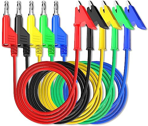 Goupchn Lot de 5 fils de test 4 mm - Fiche banane empilable vers pinces crocodiles - Câble flexible de 1 m pour test électrique multimètre
