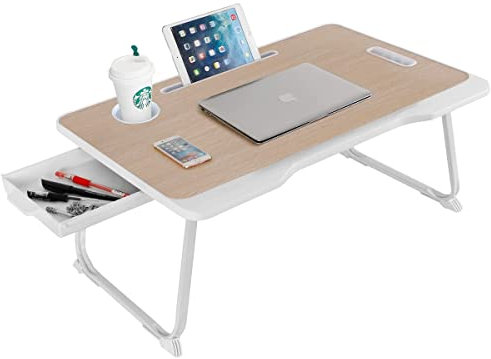 CHARMDI Folding Laptop Bed Tables,Portable Laptop Stand for Bed,Laptop Table with Drawers,Foldable Legs and Reading Holder Notebook Stand Lap Tray Desk for Working on Bed/Sofa Couch-Gold
