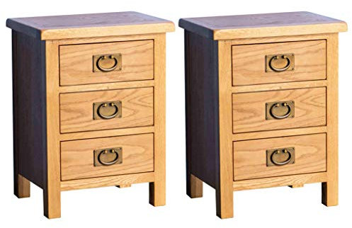 Set of 2 Surrey Oak Bedside Tables Storage Cabinet Units | Pair of Roseland Furniture Rustic Traditional Solid Wood Waxed Side End Night Stands with 3 Drawers for Bedroom or Bathroom| Fully Assembled