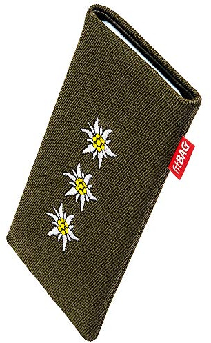 fitBAG Trachten Edelweiß Handytasche für Apple iPhone 12 Pro Max/iPhone 13 Pro Max Tasche aus Textil-Stoff mit Microfaserinnenfutter | Hülle mit Reinigungsfunktion | Made in Germany