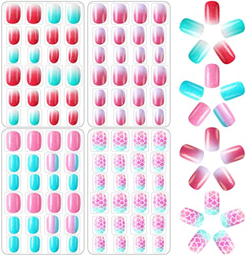 JANYUN 96 Pcs Kids Fake Nails Press on Nails for Girls Pre-glue Full Cover Short False Nails Children Nails Lovely Gift for Children(Colorful Gradient)