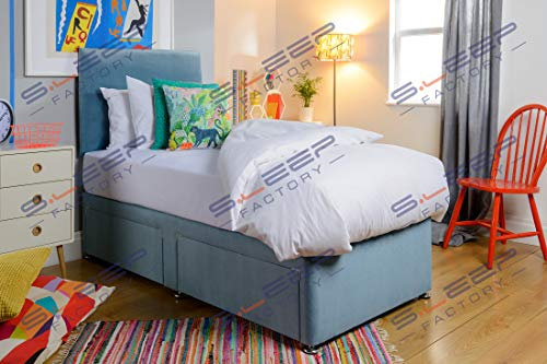 Sleep Factory - 2.6FT Single Divan Bed with Mattress - 196cm x 76cm Adults or Kids Bed & Mattress Sets - Luxury Plush Single Mattress, Bed Base with Drawers & Headboard - 2 Drawers, Sky Blue