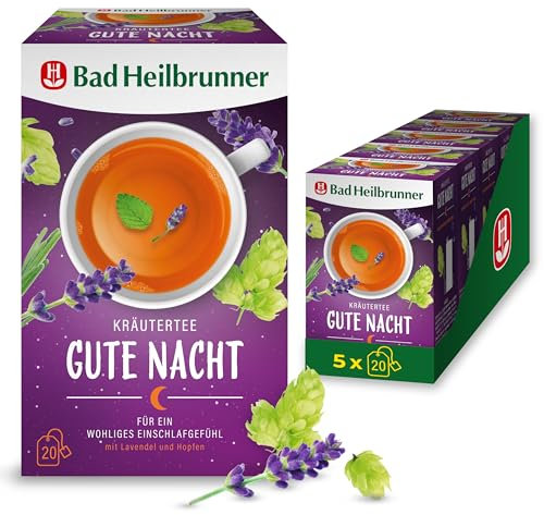 Bad Heilbrunner Gute Nacht Tee - Kräutertee im Filterbeutel - Melisse, Lavendel, Hopfenzapfen - für ein wohliges Einschlafgefühl - bei innerer Unruhe & Einschlafproblemen (5 x 20 Filterbeutel)