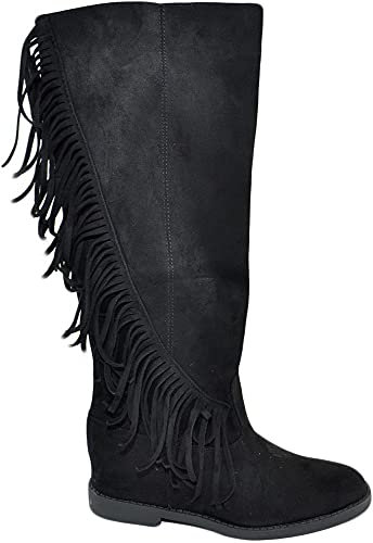 Stivali Donna Indianini Nero Scamosciati con Frange Laterali Zeppa Interna 5 cm Lisci Moda Altezza Ginocchio (39 EU)