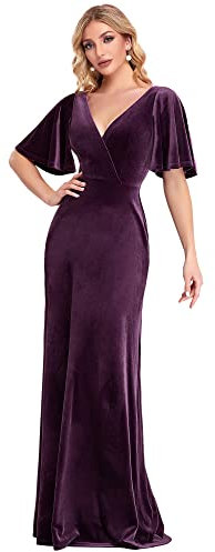 Ever-Pretty Vestito da Cerimonia Linea ad A Velluto Scollo a V Abiti da Sera Donna Viola Scuro 40