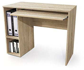 Buyqualia Escriorio Mesa Oficina con Bandeja extraíble y estantes (Alto 73 / Ancho 90 / Fondo 45 cm) (Roble)