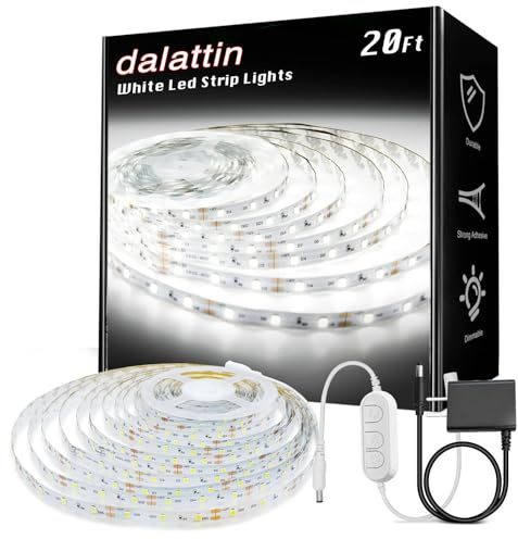 dalattin White LED Strip Lights, 20ft Dimmable Super Bright 24V Led Tape Light 6500K 360 LEDs Lights for Bedrooms, Mirror, Kitchen, Home Decoration Daylight White