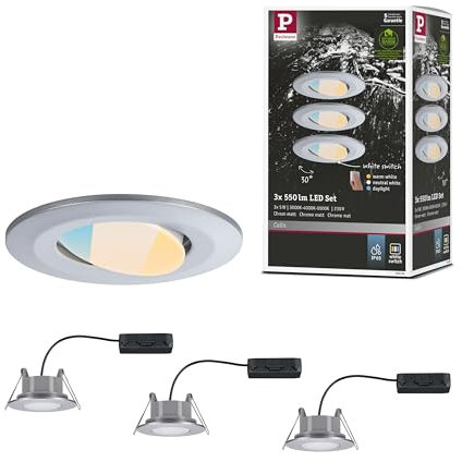 Paulmann 93095 LED Einbauleuchte Calla 3er-Set schwenkbar IP65 90mm 30° 3x550lm White Switch 3x5 Watt Einbaustrahler Chrom matt 3000 K