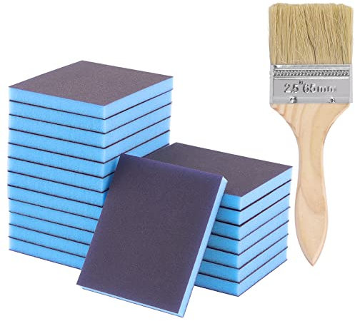 Glarks 21-teiliges Schleifschwamm-Set mit Körnung 220, 20 Stück, 120 x 100 x 12 mm, wiederverwendbare und waschbare Schleifblöcke mit 1 Pinsel für Holz, Metall, Farbe und Trockenbau