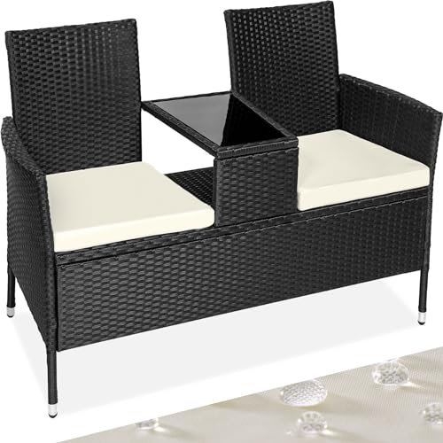 TecTake Salon de Jardin en résine tressée canapé Banc avec Table intégrée avec Verre de sécurité + Coussins - diverses Couleurs au Choix - (Noir Beige | No. 404557)