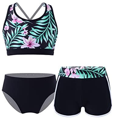 iEFiEL 3er Set Mädchen Bikini mit Blumendruck Badeanzug Rückenfrei Top und Bikinihose Kurz Shorts Hawaii Bademode Badebekleidung gr. 98-176 Schwarz 170-176